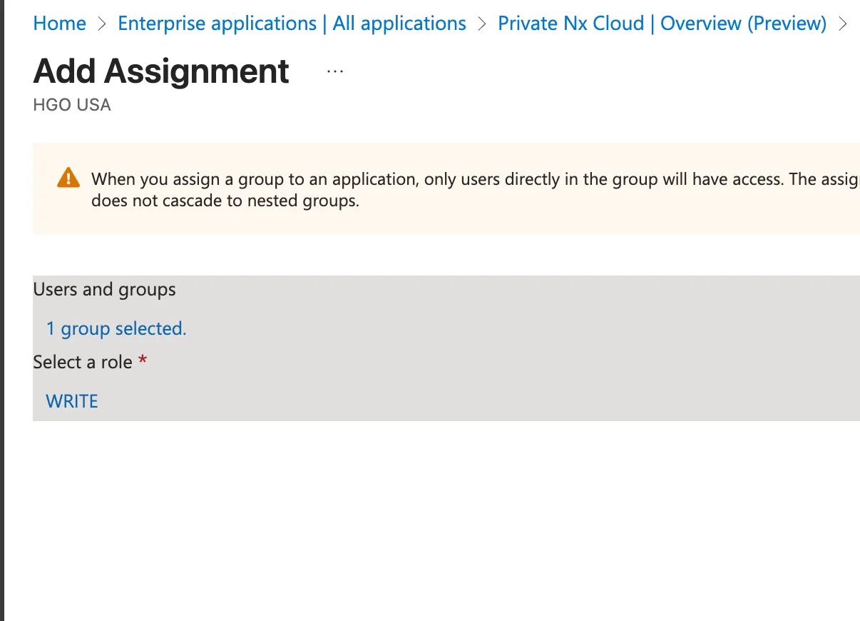 Confirm the WRITE role for the admin group