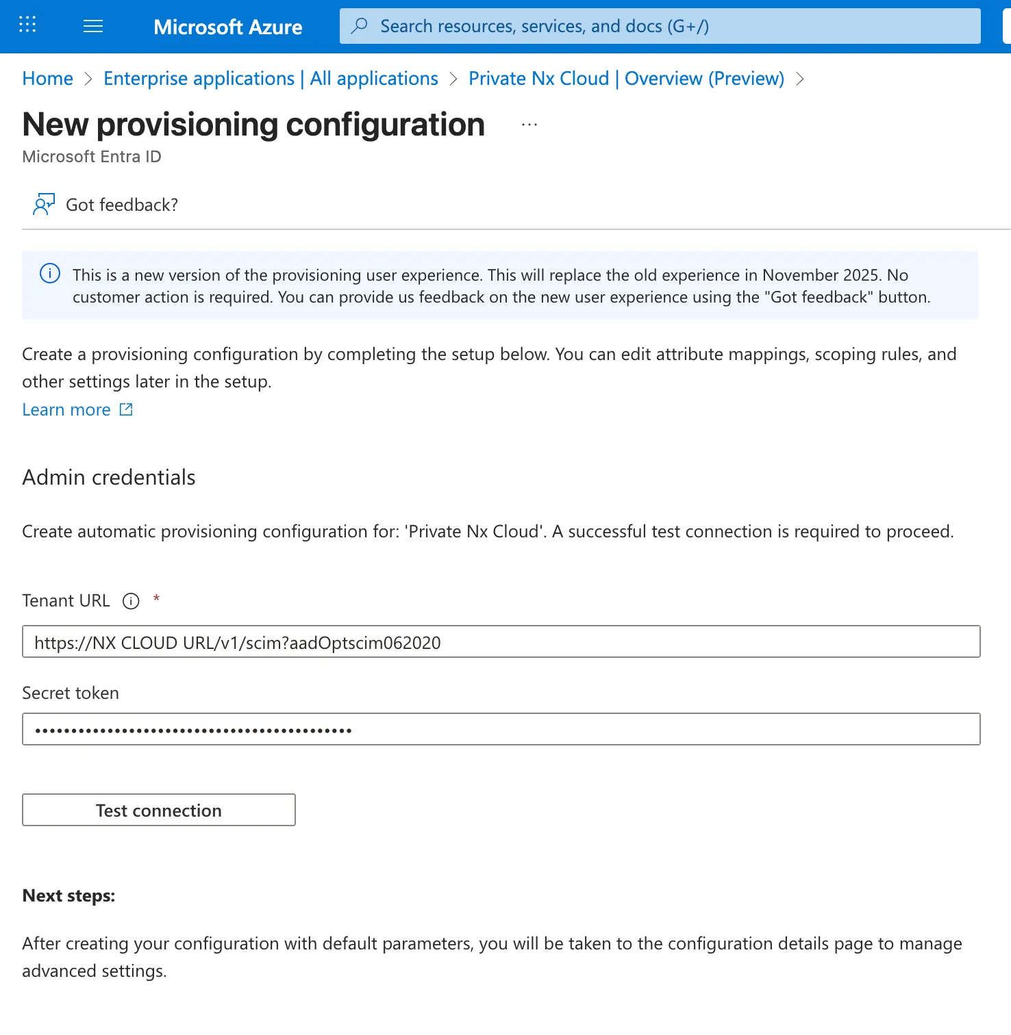 Enter the tenant URL and secret token