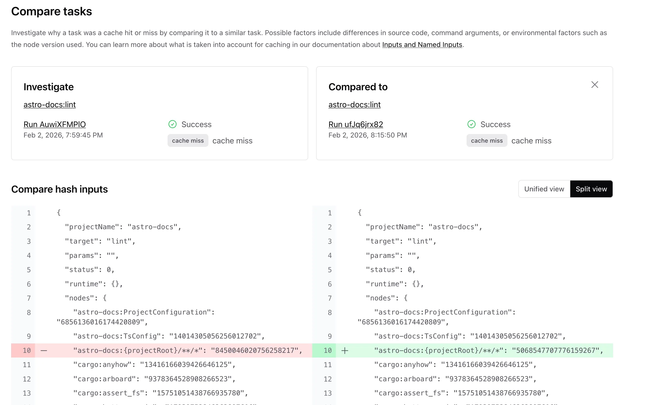 Compare tasks diff view showing hash input differences between two task runs