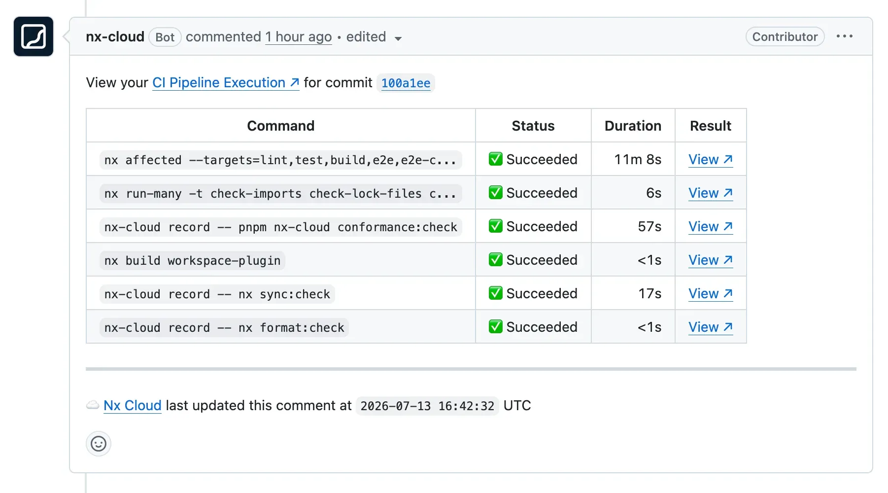 Nx Cloud bot comment on a GitHub PR showing each command with its status, duration, and a link to its logs