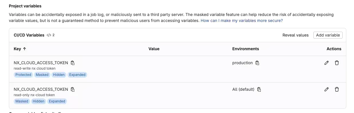 GitLab project variable configuration screen