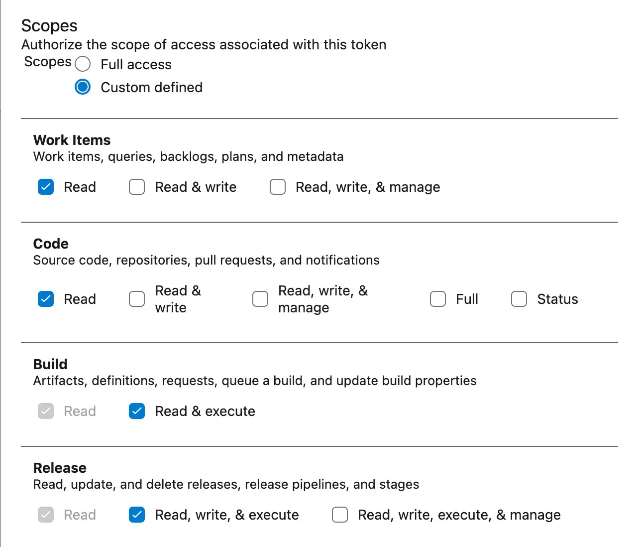Work Items - Read, Code - Read, Build - Read & execute, Release - Read, write, & execute