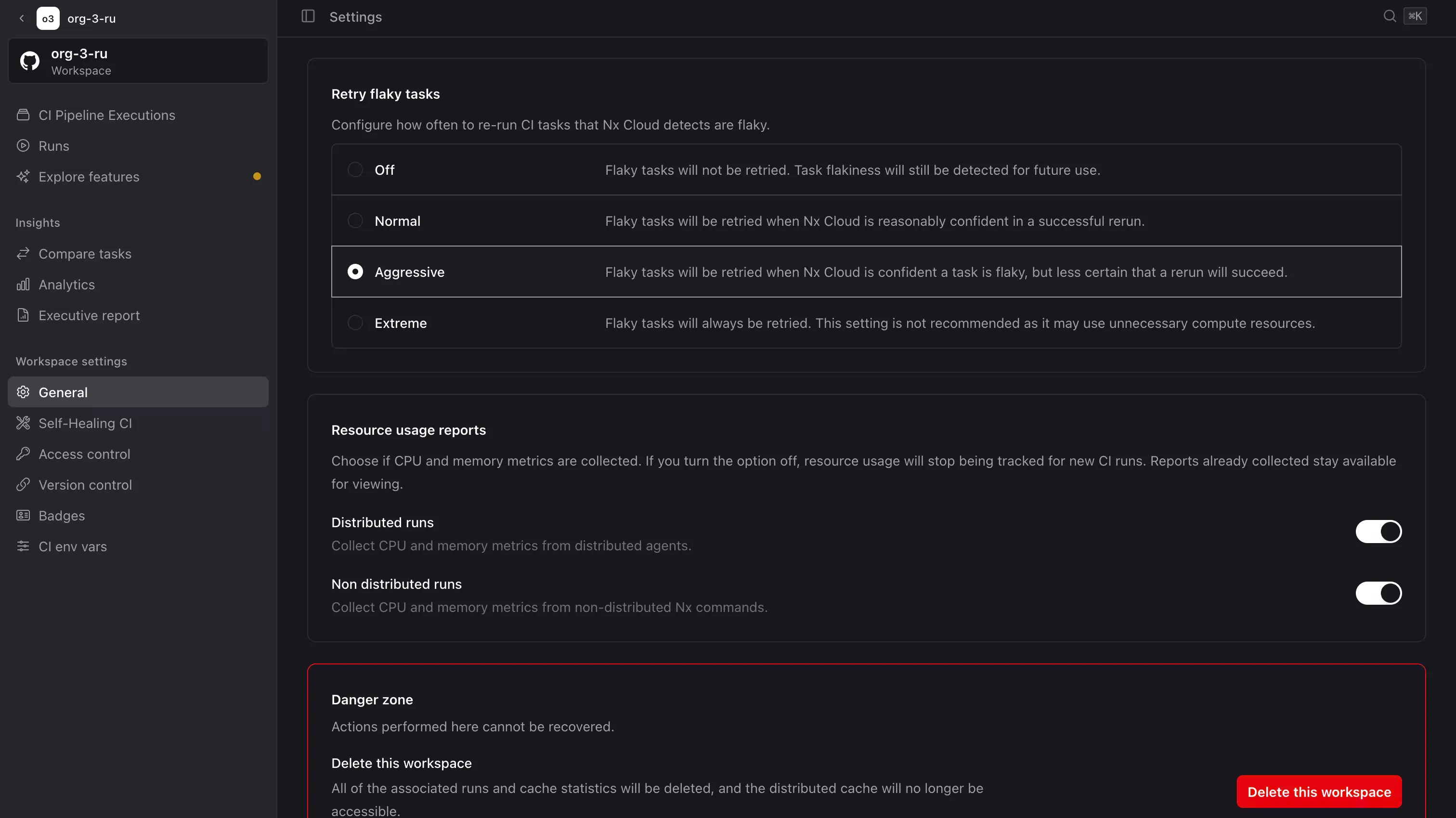 The distributed and non distributed run toggles in workspace settings
