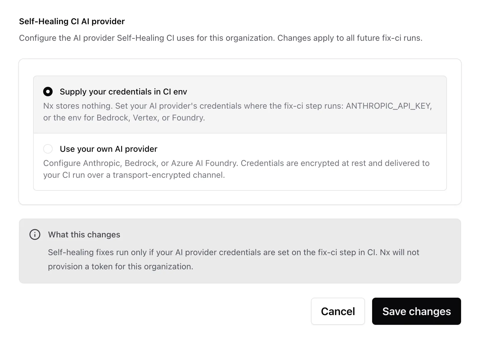 The Self-Healing CI AI provider setting, showing the CI env and Nx Cloud provider options
